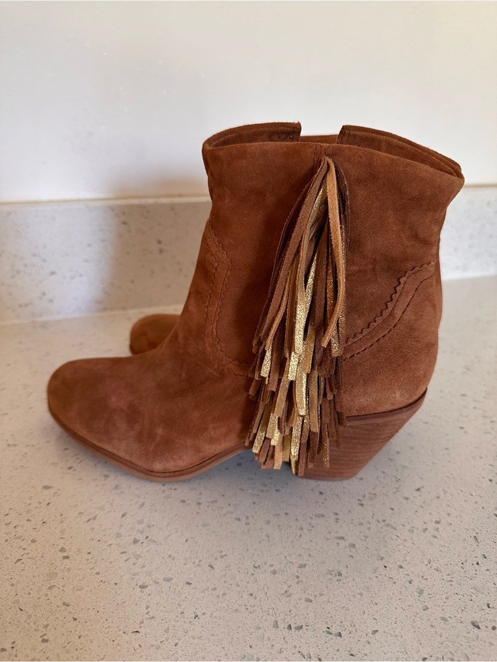 Sam Edelman Louie Saddle Suede Fringe Tassel Ankle Booties 10.5M Western Boho - Picture 8 of 11